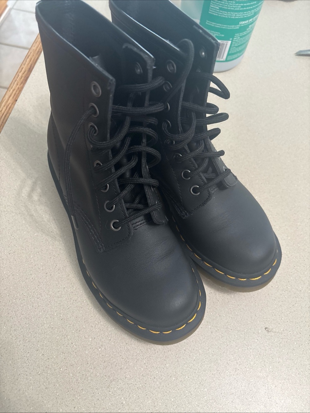 Dr. Martens Black Lace-Up Combat Boots with Yellow Stitching
